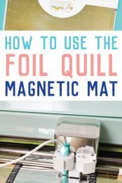 Image of a Cricut machine loaded with the foil quill magnetic mat advertising from HEYLETSMAKESTUFF.COM on How to Use the Foil Quill Magnetic Mat