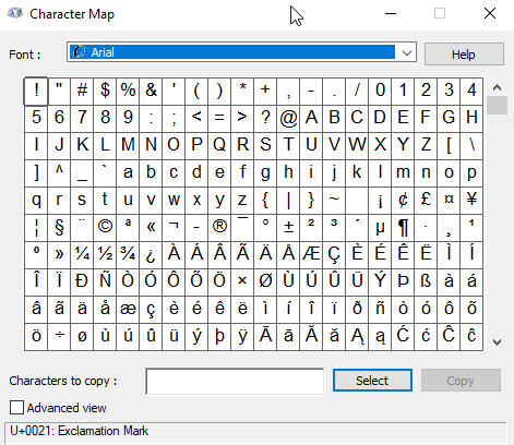 Image of a Character Map for the font named Arial