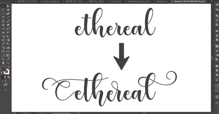 The word "ethereal" typed without glyphs and with glyphs. 