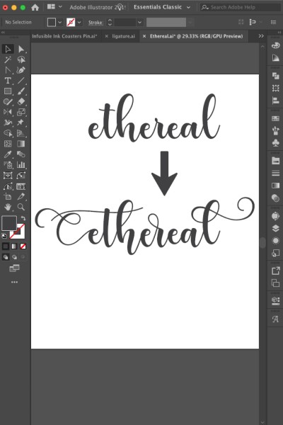 Screenshot of Adobe Illustrator with the word ethereal using a specific font and applying glyphs to it