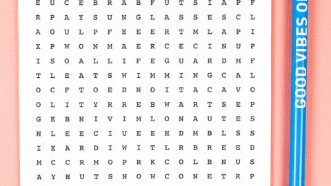 A blue pencil lying next to a Summer Word Search puzzle