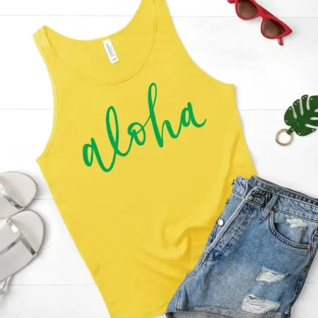 A yellow tank top that says Aloha on it