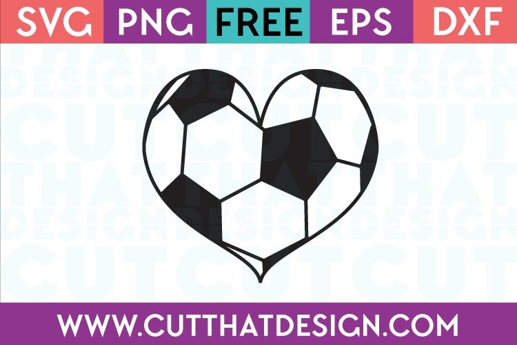 A cut file of a soccer ball in the shape of a heart advertising that the file is free from www.cutthatdesign.com