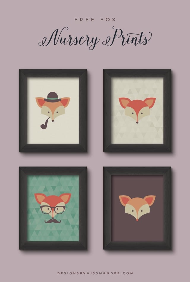 Advertisement for nursery prints by Free Fox and four black framed pictures of a fox in various colors and disguises