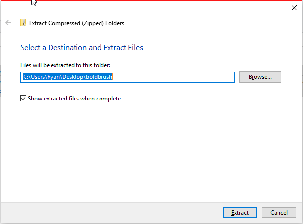 A window on a laptop or computer for selecting a destination to extract files to