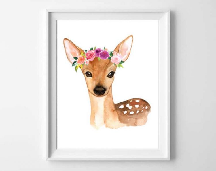 A framed watercolor printable of a baby fawn