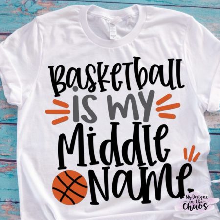 White t-shirt with basketball image on it and the words Basketball is my middle name