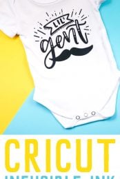 A white onesie decorated with a mustache and the saying, "Lil" Gent" advertising Cricut Infusible Ink Baby Bodysuit by HEYLETSMAKESTUFF.COM