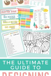 Advertisement for the Ultimate Guide to Designing Printables from HEYLETSMAKESTUFF.COM displaying printable coloring pages, puzzles and bookmarks