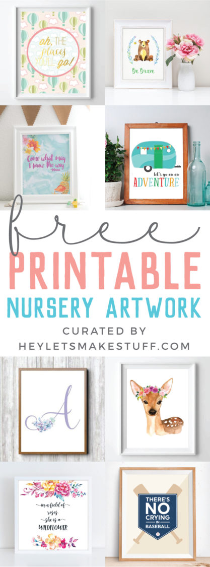 Various framed pieces of artwork and an advertisement for free Printable Nursery Artwork curated by HEYLETSMAKESTUFF