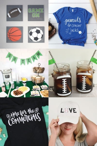 Images of decorated sports related items such as water bottles, shirts, pictures and game day buffet table