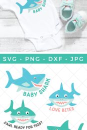 A pair of cute baby tennis shoes and a white onesie with an image of a blue shark on it and the saying, "Baby Shark" and an image of four cut files of sharks with the sayings, "Baby Shark", "Love Bites", "Jawl Ready for This?" and "I'm Jawsome" by HEYLETSMAKESTUFF.COM
