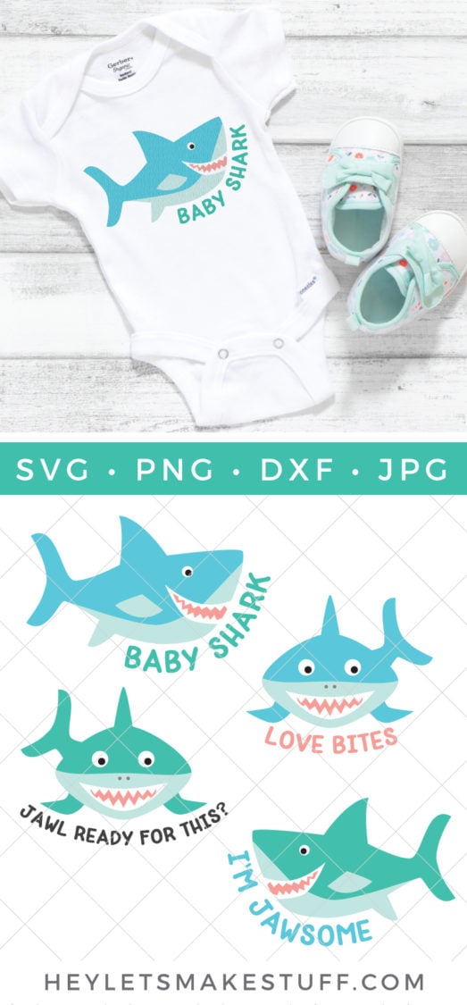 A pair of cute baby tennis shoes and a white onesie with an image of a blue shark on it and the saying, \"Baby Shark\" and an image of four cut files of sharks with the sayings, \"Baby Shark\", \"Love Bites\", \"Jawl Ready for This?\" and \"I\'m Jawsome\" by HEYLETSMAKESTUFF.COM