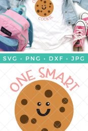 A pair of pink tennis shoes, a pink, blue and green colored school backpack next to a blue jean jacket and a white t-shirt with an image of a smiling chocolate chip cookie with the saying, "One Smart Cookie" and an image of a cut file of the cookie with advertising from HEYLETSMAKESTUFF.COM