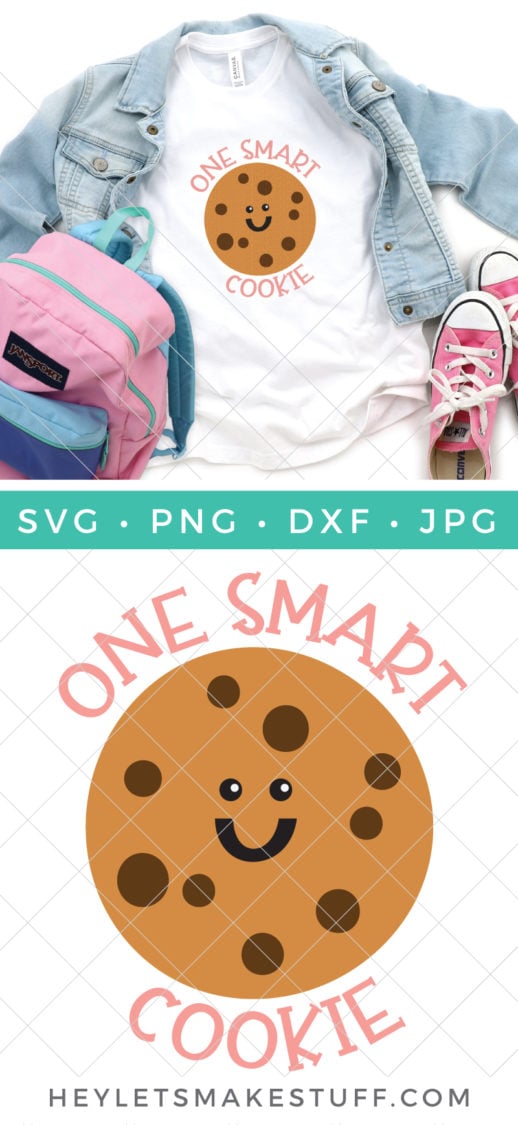 A pair of pink tennis shoes, a pink, blue and green colored school backpack next to a blue jean jacket and a white t-shirt with an image of a smiling chocolate chip cookie with the saying, \"One Smart Cookie\" and an image of a cut file of the cookie with advertising from HEYLETSMAKESTUFF.COM