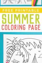 This free printable summer coloring page will put you in beach mood instantly. Grab some pens, sit back, relax and add your favorite colors to palm trees, waves, shades and more!