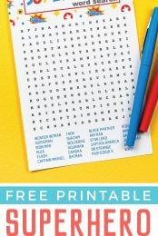 A Superhero Word Search page with a blue and red marker laying against a yellow background with advertising a Free Printable Superhero Word Search puzzle from HEYLETSMAKESTUFF.COM