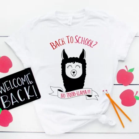 White t-shirt with an image of a black llama and the saying Back To School? No Prob Llama-