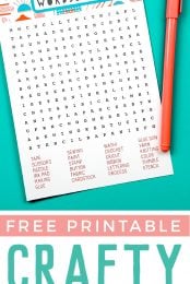 Image of a Crafty Word Search and an orange pen advertising that it is a free printable by HEYLETSMAKESTUFF.COM