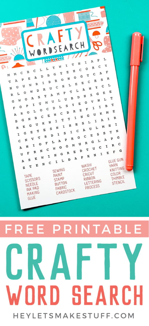Image of a Crafty Word Search and an orange pen advertising that it is a free printable by HEYLETSMAKESTUFF.COM