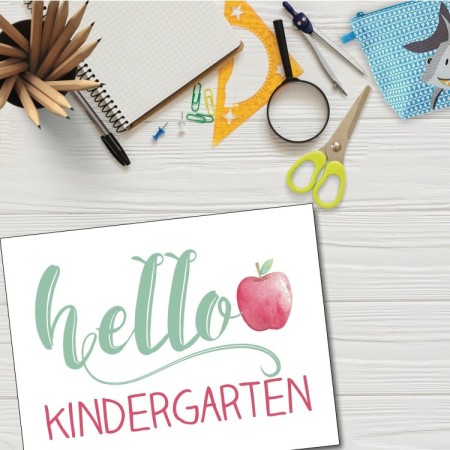 Hello Kindergarten sign with watercolor apple