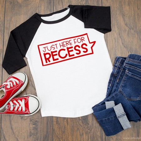 Black and white baseball style shirt with red wording that says, "Just Here for Recess"