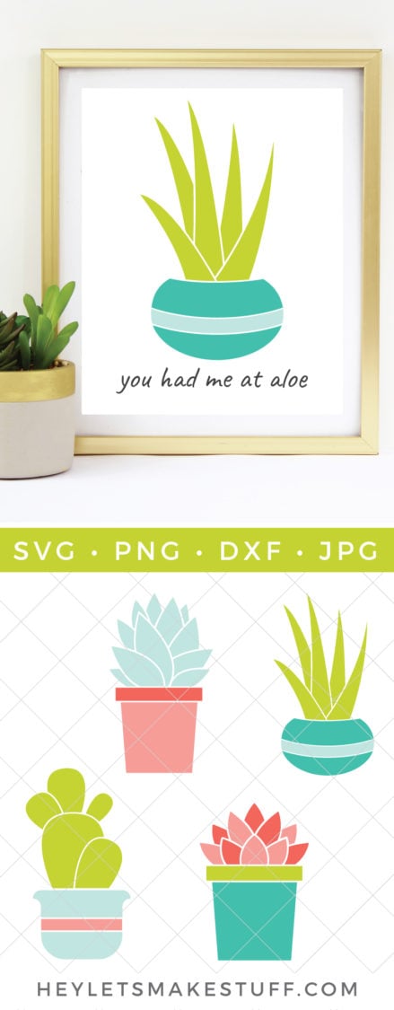 A potted succulent along-side of a framed picture of a potted aloe plant with the saying \"You Had me at Aloe\" and an image of four colorful cut file designs of potted succulents advertised by HEYLETSMAKESTUFF.COM