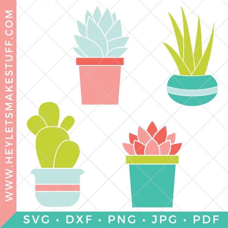 Four colorful cut file designs of potted succulents