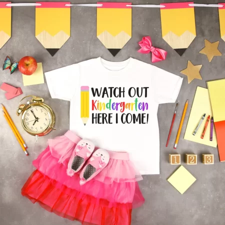 A white Watch Out Kindergarten Here I Come Shirt