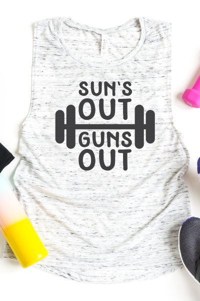 A tank top shirt with the saying "Sun's Out Guns Out"