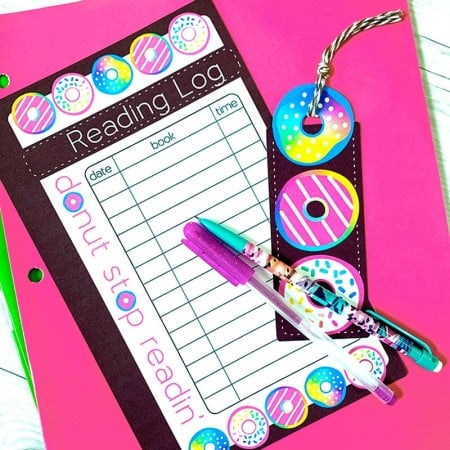A reading log decorated with donuts and the saying Donut Stop Reading