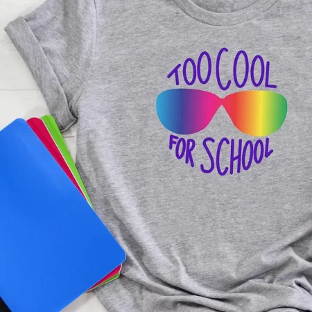 Gray t-shirt with image of rainbow colored sun glasses and the saying Too Cool for School