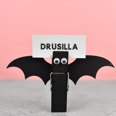 Black bat nametags made from a close pin, cut out wings and googly eyes personalized with the name, Drusilla