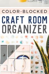 A wooden organizer with drawers, a cup full of markers and a plant sitting in front of a framed picture of sparkly gems along with another image of the wooden organizer along with 4 cans of Rust-Oleum paint.  Advertisement for a color blocked craft room organizer by HEYLETSMAKESTUFF.COM