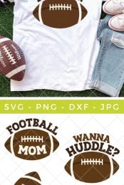A football, a pair of blue jeans, a pair of tennis shoes all lying on green turf along with a white t-shirt designed with a football and the saying, "Wanna Huddle?".  Also, four football cut files with the sayings, "Football with Mom", "Football with Dad", "Game Day" and "Wanna Huddle?" being advertised by HEYLETSMAKESTUFF.COM