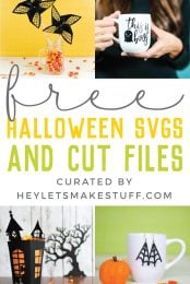 Advertisement showcasing several Halloween crafting projects with free Halloween SVGS and Cut Files curated by HEYLETSMAKESTUFF.COM