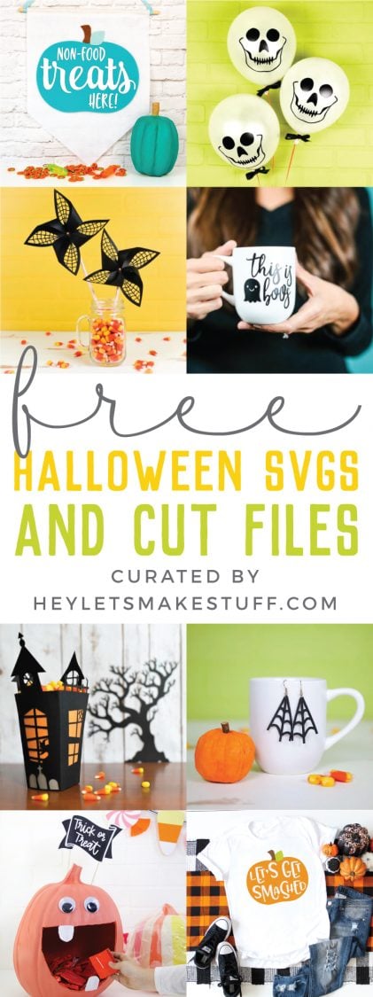 Advertisement showcasing several Halloween crafting projects with free Halloween SVGS and Cut Files curated by HEYLETSMAKESTUFF.COM