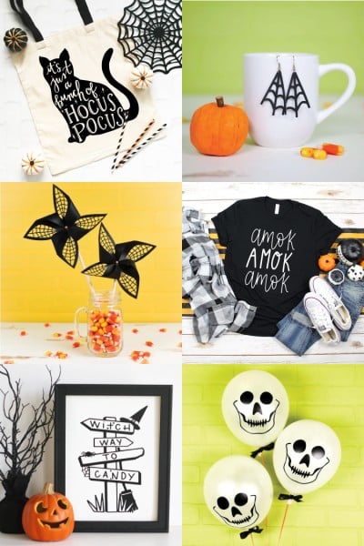 Halloween designs on signs, earrings, t-shirts, canvas bag and balloons