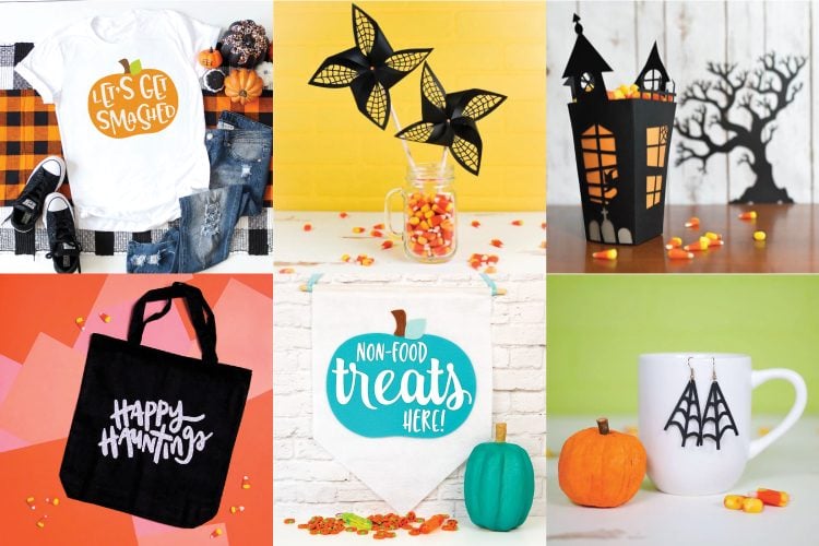 Halloween designs on a banner, canvas bags, earrings and a haunted house