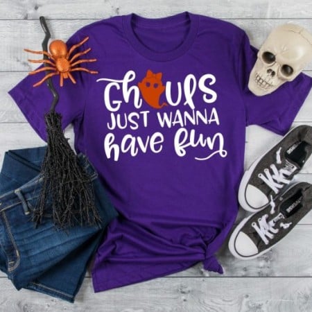 Purple t-shirt with the saying Ghouls Just Wanna Have Fun