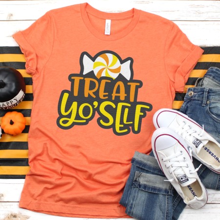 Treat Yo Self SVG on orange shirt