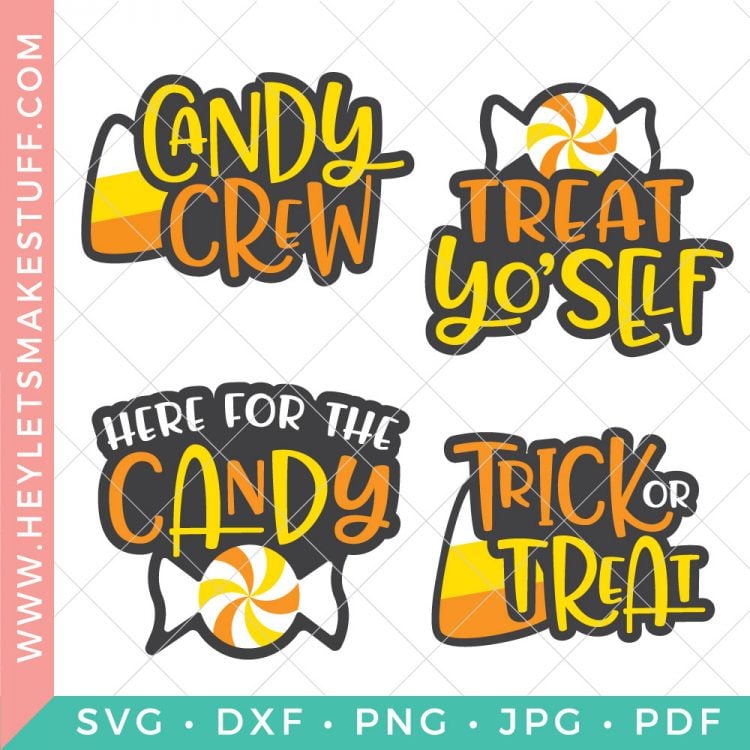 Four Halloween cut files that say, \"Candy Crew\", \"Treat Yo\'Self\", \"Here for the Candy\" and \"Trick or Treat\" and advertised by HEYLETSMAKESTUFF.COM.