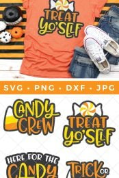 Fall decor surrounding a pair of blue jeans, tennis shoes and an orange t-shirt designed with a piece of Halloween candy and the saying, "Treat Yo'Self" and three other cut files that say, "Candy Crew", "Here for the Candy" and "Trick or Treat" and advertised by HEYLETSMAKESTUFF.COM.