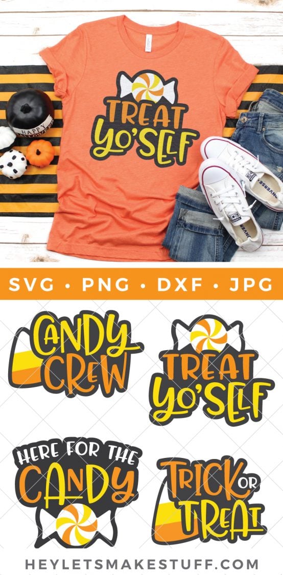 Fall decor surrounding a pair of blue jeans, tennis shoes and an orange t-shirt designed with a piece of Halloween candy and the saying, \"Treat Yo\'Self\" and three other cut files that say, \"Candy Crew\", \"Here for the Candy\" and \"Trick or Treat\" and advertised by HEYLETSMAKESTUFF.COM.