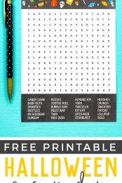 A pencil along-side of a Halloween Candy Word Search puzzle with advertisement from HEYLETSMAKESTUFF.COM that this is a free Halloween printable