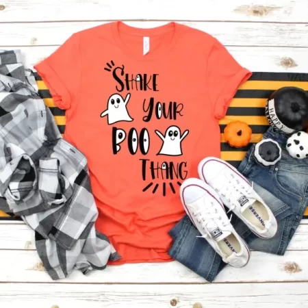 Orange t-shirt with ghosts on it and the saying Shake Your Boo Thang