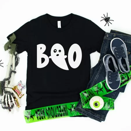 black t-shirt with the word BOO on it and the middle "O" is a ghost