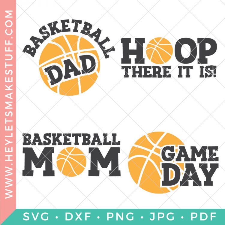 Four Basketball craft designs that say, \"HOOP There it is!\", \"Basketball Dad\", Baskerball Mom\" and \"Game Day\"