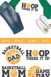 Blue jeans, tennis shoes and a baseball style shirt with blue sleeves and white body decorated with saying, "HOOP There it is!" and three other craft files that say, "Basketball Dad", Baskerball Mom" and "Game Day"
