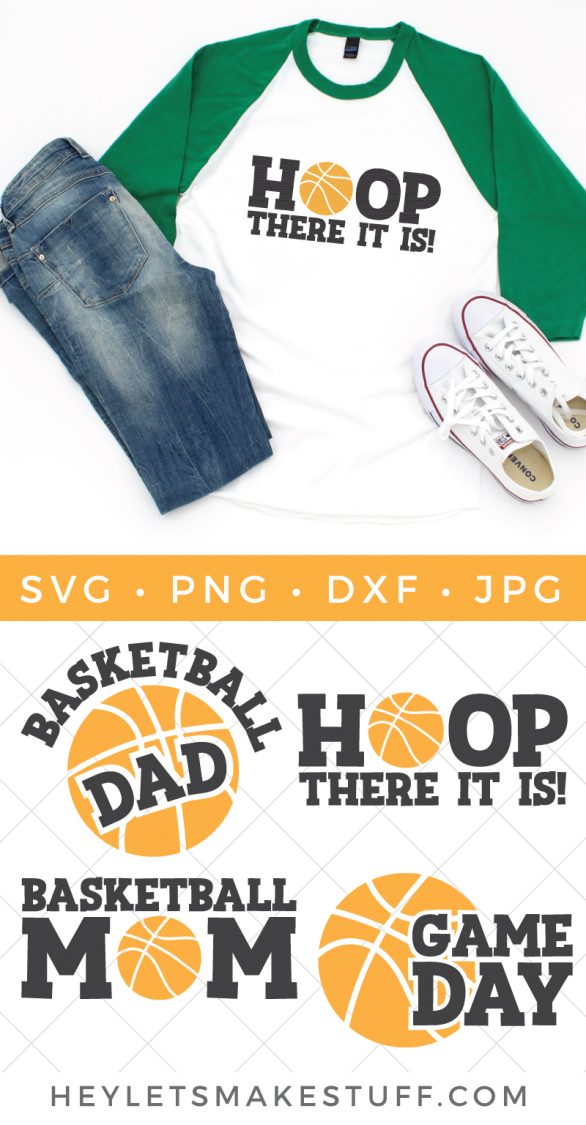 Blue jeans, tennis shoes and a baseball style shirt with blue sleeves and white body decorated with saying, \"HOOP There it is!\" and three other craft files that say, \"Basketball Dad\", Baskerball Mom\" and \"Game Day\"